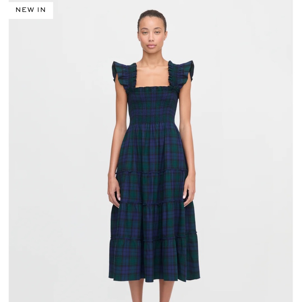Smocked Square-Neck Plaid Midi Dress - Navy/Green